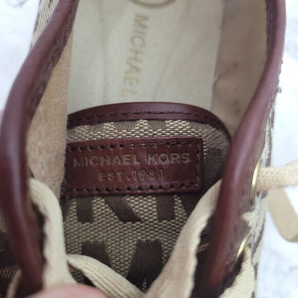 MK Michael Kors Logo Sneakers Brown Tan Canvas Leather Cap Toe Size 6.5 - Picture 9 of 10